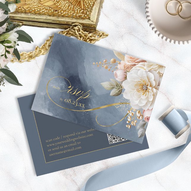 Cartão RSVP Código Azul de Casamento de Drama Floral Código QR (Criador carregado)