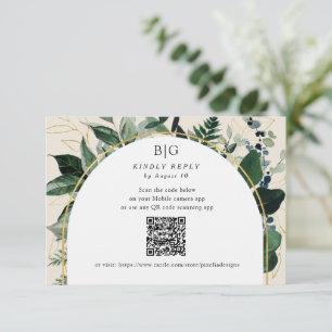 Cartão RSVP Código QR Beige Moderno Verde Botânico Elegante