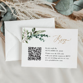 Cartão RSVP Código QR Boho Moderno Casamento Dourado Greenery