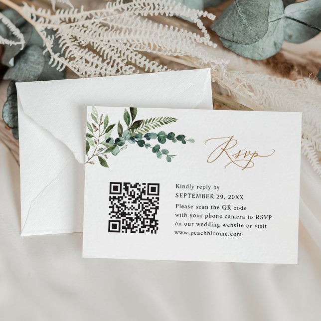 Cartão RSVP Código QR Boho Moderno Casamento Dourado Greenery (Criador carregado)