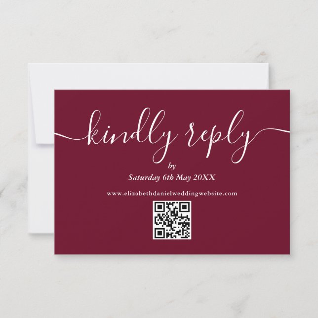 Cartão RSVP Código QR Borgonha Script Elegante Responda por Fa (Frente)