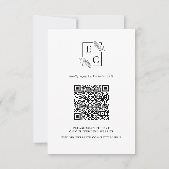 Cartão RSVP Código QR Botânico Preto e Branco Simples Monogram (Frente)