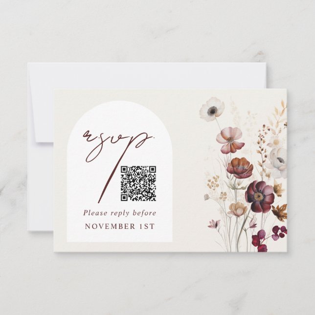 Cartão RSVP Código QR Burgundy Anemone Arch Floral Wedding RSV (Frente)