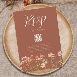 Cartão RSVP Código QR Casamento Boho Outono Terracota Flor Sil