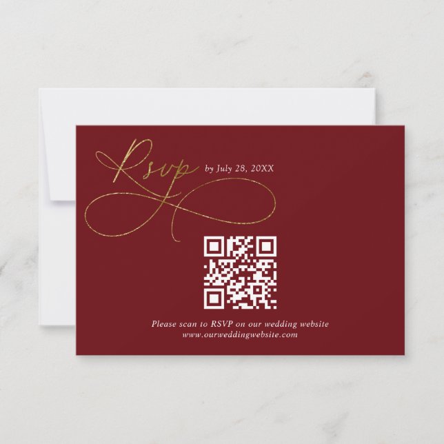 Cartão RSVP Código QR Casamento Caligrafia Script Dourado Borg (Frente)