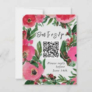 Cartão RSVP Código QR Casamento de Anêmona Cor de Água Rosa RS