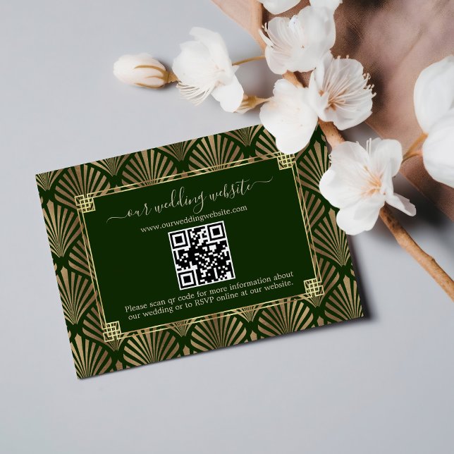 Cartão RSVP Código QR Casamento de Arte Dourada Verde Escuro (Criador carregado)