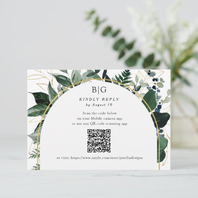 Cartão RSVP Código QR Casamento de folhagem com vegetação Botâ (Em pé/Frente)