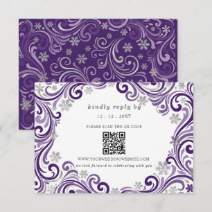 Cartão RSVP Código QR Casamento de Inverno Flocos de Neve Roxo