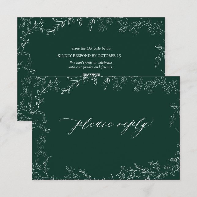 Cartão RSVP Código QR Casamento Elegante Elegante Verde Esmera (Frente/Verso)