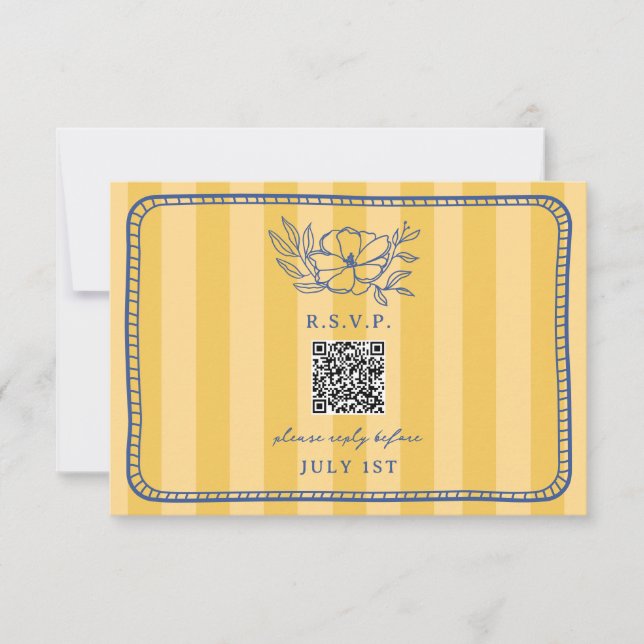 Cartão RSVP Código QR Casamento Floral Azul Stripe Amarelo QR  (Frente)