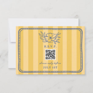 Cartão RSVP Código QR Casamento Floral Azul Stripe Amarelo QR