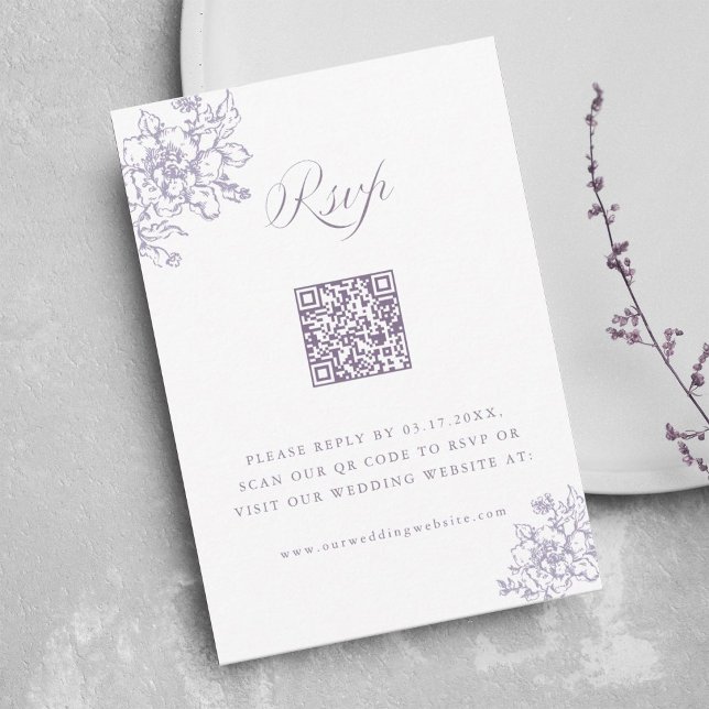 Cartão RSVP Código QR Casamento Jardim Lavanda Clássico (Criador carregado)