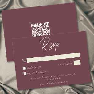 Cartão RSVP Código QR Casamento Minimalista Vinho Borgonha Out