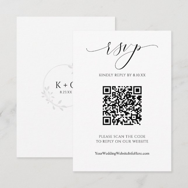 Cartão RSVP Código QR Casamento Moderno Luxo Elegante Script R (Frente/Verso)