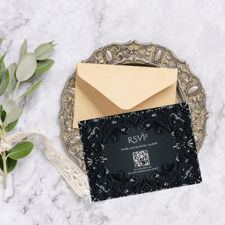 Cartão RSVP Código QR Casamento Vitoriano de Renda Preta Gótic