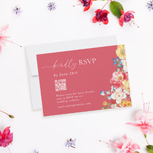Cartão RSVP Código QR cor-de-rosa de Casamento de Flor Selvage