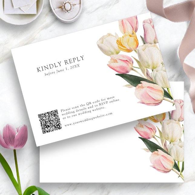 Cartão RSVP Código QR da Primavera (Spring Watercolor Tulips QR Code RSVP Card by Painted Paperie
)
