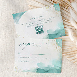 Cartão RSVP Código QR de Casamento Abstrato Moderno em Verde e