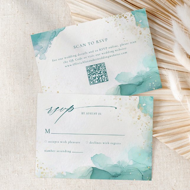 Cartão RSVP Código QR de Casamento Abstrato Moderno em Verde e (Criador carregado)