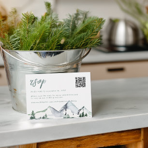 Cartão RSVP Código QR de Casamento Aquarela Montanhas Rústicas