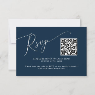 Cartão RSVP Código QR de Casamento Azul de Marinho Mínimo