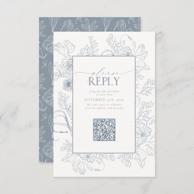 Cartão RSVP Código QR de Casamento Azul Elegante Por Favor Res (Frente/Verso)