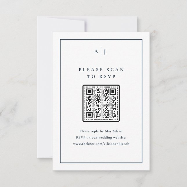Cartão RSVP Código QR de Casamento Azul Marinho Clássico Elega (Frente)