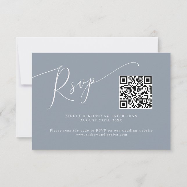 Cartão RSVP Código QR de Casamento Azul Mínimo Dusty (Frente)