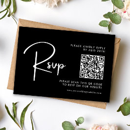 Cartão RSVP Código QR de Casamento Branco e Preto Elegante e M