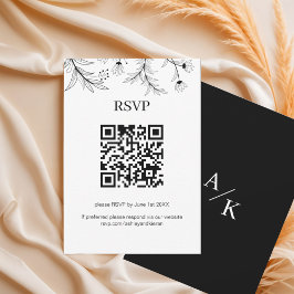 Cartão RSVP Código QR de Casamento Branco e Preto Floral Elega