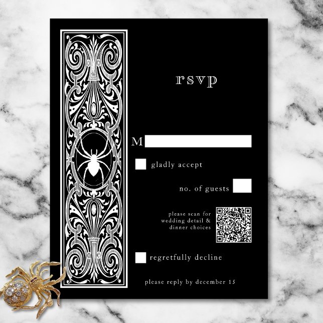 Cartão RSVP Código QR de Casamento Branco Negro de Aranha-Góti (Gothic Spooky Spider Black White Wedding QR Code RSVP Card)