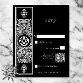 Cartão RSVP Código QR de Casamento Branco Preto do Pentagrama 