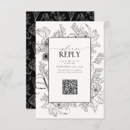 Cartão RSVP Código QR de Casamento Branco Preto Elegante Por F