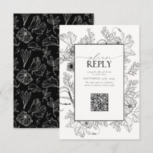 Cartão RSVP Código QR de Casamento Branco Preto Elegante Por F