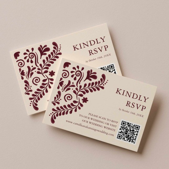 Cartão RSVP Código QR de Casamento Burgundy Mexicano (Burgundy Talavera Kindly Rsvp Card)