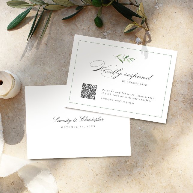 Cartão RSVP Código QR de casamento Clássico do Script de Elegâ (Classic Elegance Script Greenery wedding QR code RSVP Card)