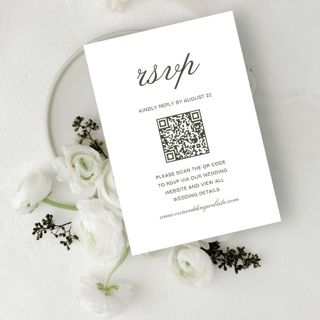 Cartão RSVP Código QR de Casamento Clássico Verde Elegante e E (Elegant dusty green QR code RSVP cards make guest responses simple and beautifully organized.)