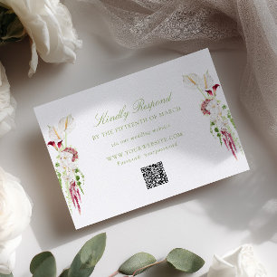Cartão RSVP Código QR de casamento com buquê floral em cascata