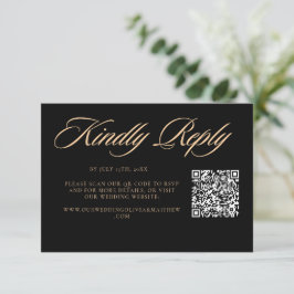 Cartão RSVP Código QR de casamento com letra cursiva preta ele
