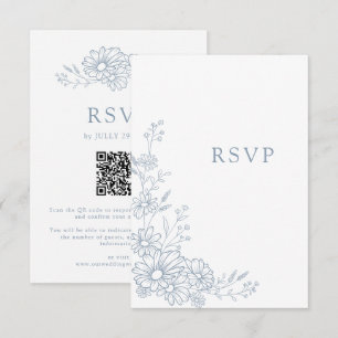 Cartão RSVP Código QR de casamento com margarida botânica azul
