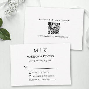 Cartão RSVP Código QR de Casamento com Monograma Minimalista M