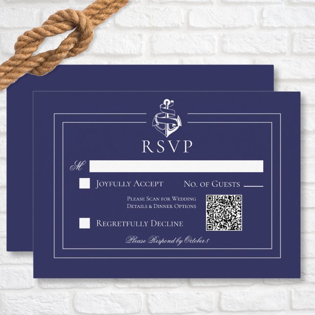 Cartão RSVP Código QR de Casamento de Âncora Náutica marinho A (Navy Blue Nautical Wedding Response Card with QR Code)