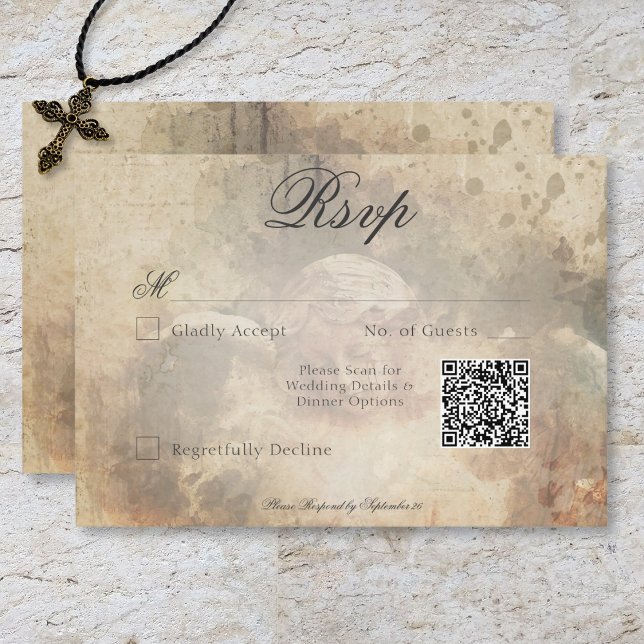 Cartão RSVP Código QR de Casamento de Anjo de Pedra Gótica Vin (Vintage Gothic Stone Angel Wedding QR Code RSVP Card)