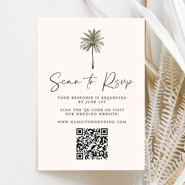 Cartão RSVP Código QR de Casamento de Árvore Palm Mínimo (Criador carregado)