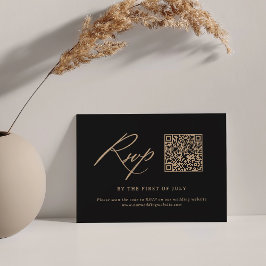 Cartão RSVP Código QR de Casamento de Caligrafia Dourada e Neg