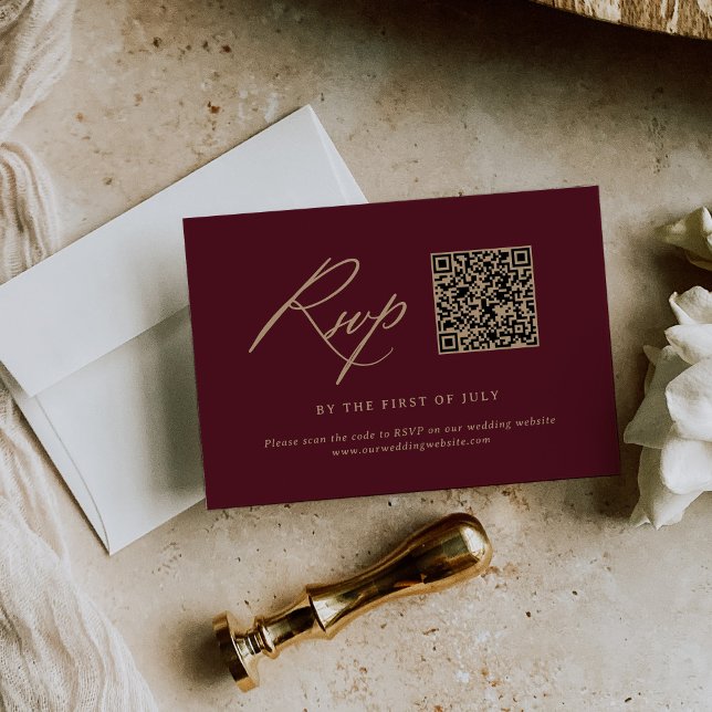 Cartão RSVP Código QR de Casamento de Caligrafia Dourada Elega (Criador carregado)