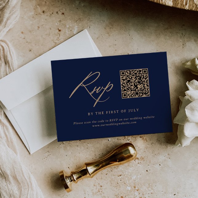 Cartão RSVP Código QR de Casamento de Caligrafia Elegante Dour (Criador carregado)