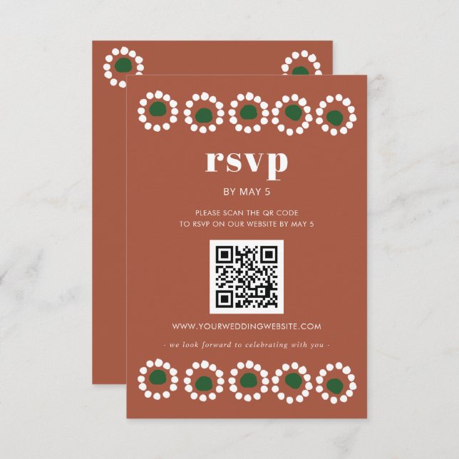 Cartão RSVP Código QR de Casamento de Fiesta Boho Barro do Méx (Frente/Verso)