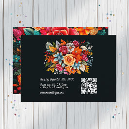 Cartão RSVP Código QR de Casamento de Fiesta Floral de Aquarel